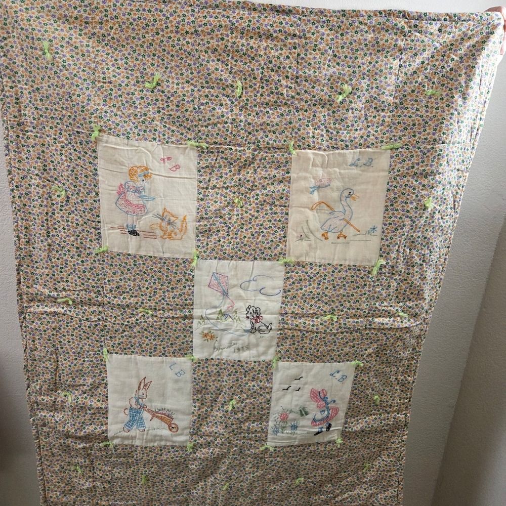 Vintage 1935 Handmade Embroidered Baby Quilt Nursery Animals Floral 43x22